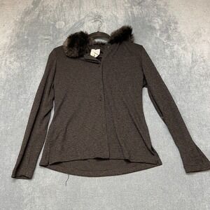 Rabbit Design Cardigan Sweater Womens 8M Black Long Sleeve Button Front Faux Fur